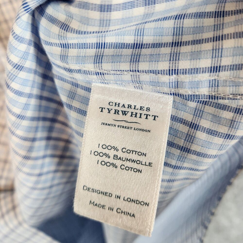 Charles Tyrwhitt Dress Shirt Men 17/36 Blue Plaid‎ Slim Non Iron Work Business - Picture 5 of 10